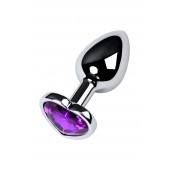 Серебристая коническая анальная пробка с фиолетовым кристаллом-сердечком - 7 см. - ToyFa - купить с доставкой в Новокуйбышевске