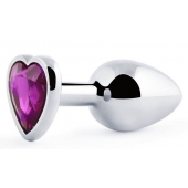 Серебристая анальная пробка с фиолетовым кристаллом-сердечком - 8 см. - Anal Jewelry Plug - купить с доставкой в Новокуйбышевске