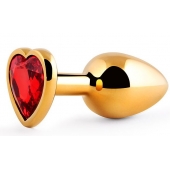 Золотистая анальная пробка с красным стразом-сердечком - 8 см. - Anal Jewelry Plug - купить с доставкой в Новокуйбышевске