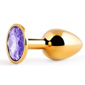 Золотистая анальная пробка с фиолетовым стразом - 7,2 см. - Anal Jewelry Plug - купить с доставкой в Новокуйбышевске