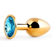 Золотистая анальная пробка с голубым стразом - 7,2 см. - Anal Jewelry Plug - купить с доставкой в Новокуйбышевске