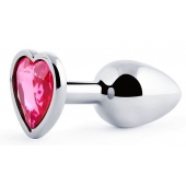 Серебристая анальная пробка с розовым кристаллом-сердечком - 7 см. - Anal Jewelry Plug - купить с доставкой в Новокуйбышевске