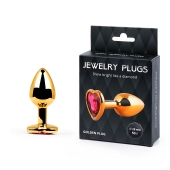 Золотистая анальная пробка с малиновым кристаллом-сердечком - 7 см. - Anal Jewelry Plug - купить с доставкой в Новокуйбышевске