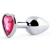 Серебристая анальная пробка с малиновым кристаллом-сердечком - 7 см. - Anal Jewelry Plug - купить с доставкой в Новокуйбышевске
