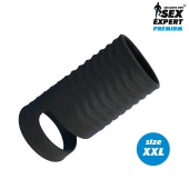 Черная открытая насадка на пенис с кольцом для мошонки XXL-size - 9,4 см. - Sex Expert - в Новокуйбышевске купить с доставкой