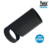 Черная открытая насадка на пенис с кольцом для мошонки XXXL-size - 9,9 см. - Sex Expert - в Новокуйбышевске купить с доставкой