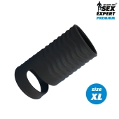 Черная открытая насадка на пенис с кольцом для мошонки XL-size - 8,9 см. - Sex Expert - в Новокуйбышевске купить с доставкой