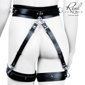 Черный кожаный пояс с гартерами - L-XL - Notabu - купить с доставкой в Новокуйбышевске