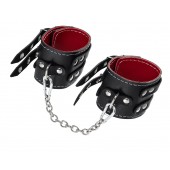 Черные кожаные оковы с двумя ремнями и красной подкладкой - Pecado - купить с доставкой в Новокуйбышевске