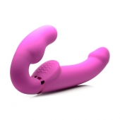 Розовый безремневой страпон с вибрацией и функцией расширения Inflatable Ergo-Fit Strapless Strap-On - XR Brands - купить с доставкой в Новокуйбышевске
