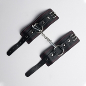 Черные кожаные наручники с красной строчкой - Crazy Handmade - купить с доставкой в Новокуйбышевске