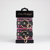 Черные кожаные наручники с розовой строчкой - Crazy Handmade - купить с доставкой в Новокуйбышевске