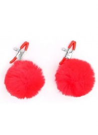 Зажимы для сосков с красным пушком - Notabu - купить с доставкой в Новокуйбышевске