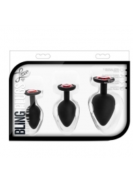 Набор черных анальных пробок с красным кристаллом-сердечком Bling Plugs Training Kit - Blush Novelties - купить с доставкой в Новокуйбышевске