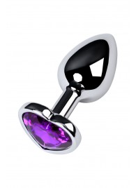 Серебристая коническая анальная пробка с фиолетовым кристаллом-сердечком - 7 см. - ToyFa - купить с доставкой в Новокуйбышевске
