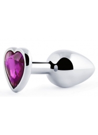 Серебристая анальная пробка с фиолетовым кристаллом-сердечком - 8 см. - Anal Jewelry Plug - купить с доставкой в Новокуйбышевске