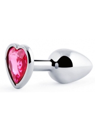Серебристая анальная пробка с розовым кристаллом-сердечком - 7 см. - Anal Jewelry Plug - купить с доставкой в Новокуйбышевске