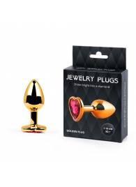 Золотистая анальная пробка с малиновым кристаллом-сердечком - 7 см. - Anal Jewelry Plug - купить с доставкой в Новокуйбышевске