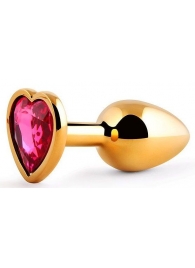 Золотистая анальная пробка с малиновым кристаллом-сердечком - 7 см. - Anal Jewelry Plug - купить с доставкой в Новокуйбышевске