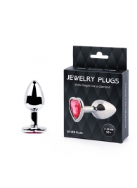 Серебристая анальная пробка с малиновым кристаллом-сердечком - 7 см. - Anal Jewelry Plug - купить с доставкой в Новокуйбышевске