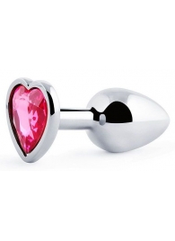 Серебристая анальная пробка с малиновым кристаллом-сердечком - 7 см. - Anal Jewelry Plug - купить с доставкой в Новокуйбышевске