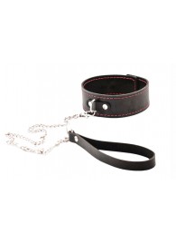 Черный широкий ошейник с красной строчкой и поводком - Crazy Handmade - купить с доставкой в Новокуйбышевске