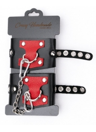 Черные наручники с красным декором и заклепками - Crazy Handmade - купить с доставкой в Новокуйбышевске