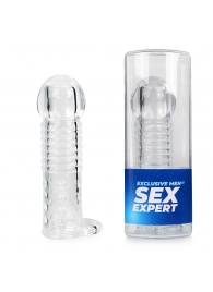 Прозрачная рельефная насадка-реалистик с петлей для мошонки - 13,5 см. - Sex Expert - в Новокуйбышевске купить с доставкой