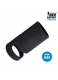 Черная открытая насадка на пенис с кольцом для мошонки XXL-size - 9,4 см. - Sex Expert - в Новокуйбышевске купить с доставкой