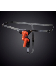 Чёрные кожаные трусики с двумя штырьками для насадок - Sitabella - купить с доставкой в Новокуйбышевске