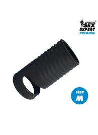 Черная открытая насадка на пенис с кольцом для мошонки size M - 7,9 см. - Sex Expert - в Новокуйбышевске купить с доставкой