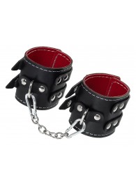 Черные кожаные наручники с двумя ремнями и красной подкладкой - Pecado - купить с доставкой в Новокуйбышевске