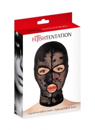 Черная кружевная маска на голову с отверстиями для глаз и рта - Fetish Tentation - купить с доставкой в Новокуйбышевске