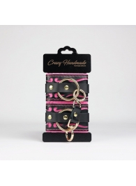 Черные кожаные наручники с розовой строчкой - Crazy Handmade - купить с доставкой в Новокуйбышевске