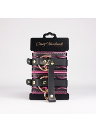 Черные кожаные оковы с розовой строчкой - Crazy Handmade - купить с доставкой в Новокуйбышевске