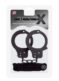 Чёрные наручники из листового металла в комплекте с веревкой BONDX METAL CUFFS LOVE ROPE SET - Dream Toys - купить с доставкой в Новокуйбышевске