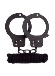 Чёрные наручники из листового металла в комплекте с веревкой BONDX METAL CUFFS LOVE ROPE SET - Dream Toys - купить с доставкой в Новокуйбышевске