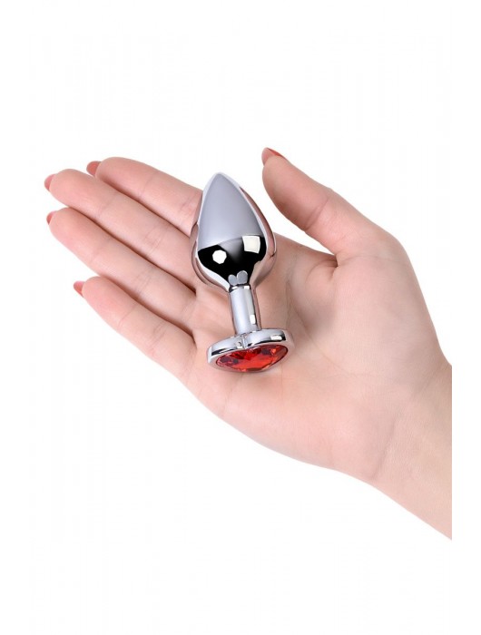 Серебристая коническая анальная пробка с красным кристаллом-сердечком - 7 см. - ToyFa - купить с доставкой в Новокуйбышевске