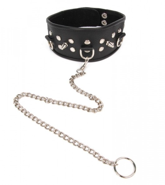 Черный ошейник с шипами и металлическим поводком-цепочкой - Notabu - купить с доставкой в Новокуйбышевске