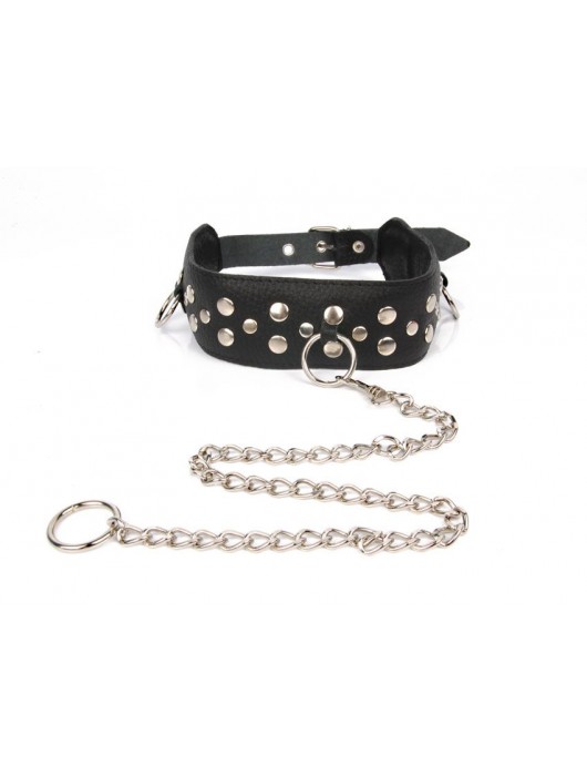 Черный ошейник с заклепками с металлическим поводком-цепочкой - Notabu - купить с доставкой в Новокуйбышевске
