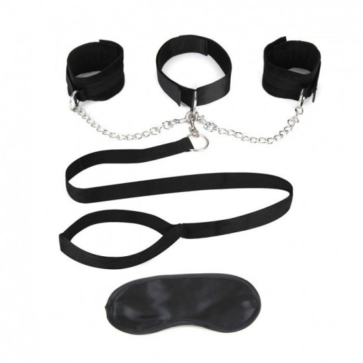 Чёрный ошейник с наручниками и поводком Collar Cuffs   Leash Set - Lux Fetish - купить с доставкой в Новокуйбышевске