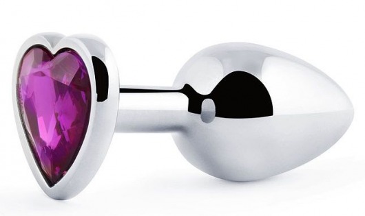 Серебристая анальная пробка с фиолетовым кристаллом-сердечком - 8 см. - Anal Jewelry Plug - купить с доставкой в Новокуйбышевске