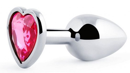 Серебристая анальная пробка с розовым кристаллом-сердечком - 7 см. - Anal Jewelry Plug - купить с доставкой в Новокуйбышевске