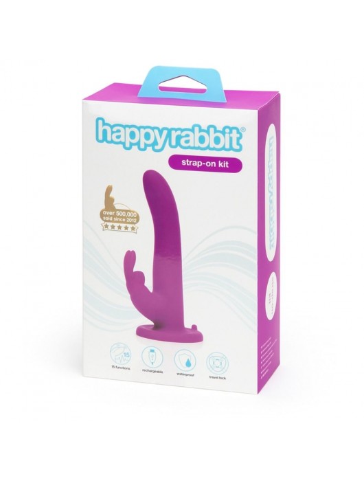 Лиловый страпон Rechargeable Vibrating Strap-On Harness Set - 17,6 см. - Happy Rabbit - купить с доставкой в Новокуйбышевске