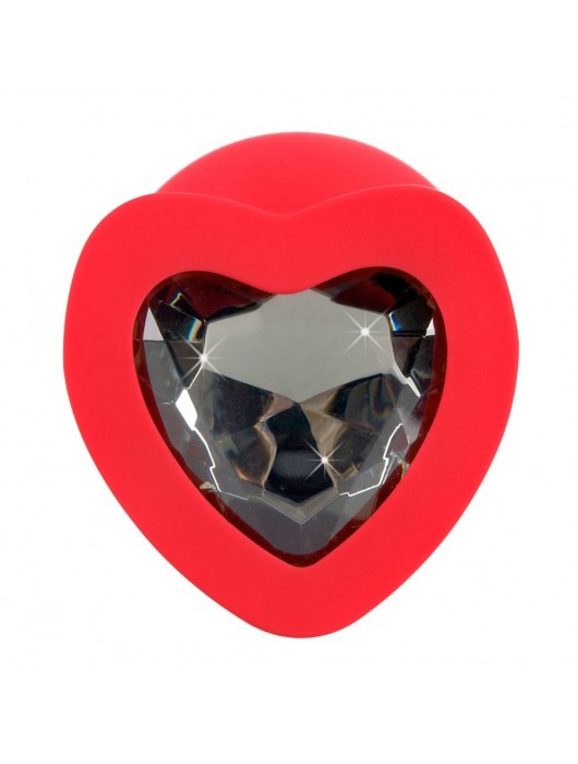 Красная силиконовая анальная пробка с черным стразом-сердечком - 9,3 см. - Orion - купить с доставкой в Новокуйбышевске
