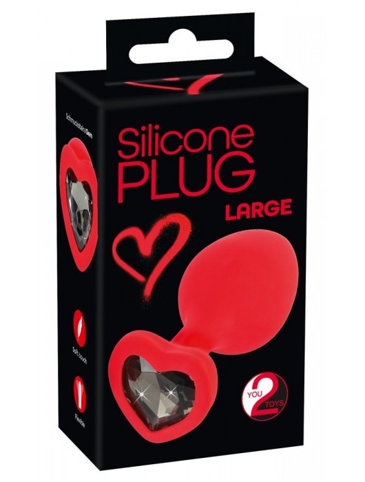 Красная силиконовая анальная пробка с черным стразом-сердечком - 9,3 см. - Orion - купить с доставкой в Новокуйбышевске