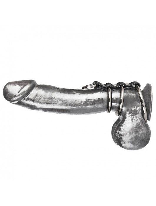 Хомут на пенис из трех металлических колец и кольца для привязи 3 RING GATES OF HELL - BlueLine - купить с доставкой в Новокуйбышевске