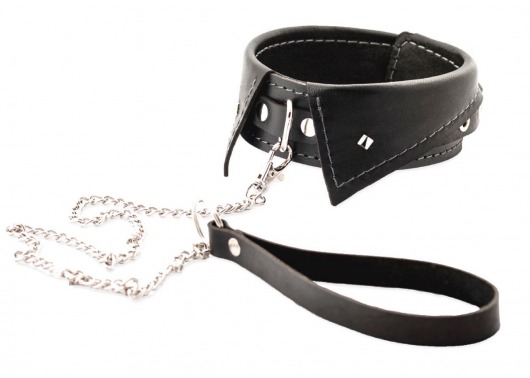 Черный ошейник-воротничок с металлическим поводком - Crazy Handmade - купить с доставкой в Новокуйбышевске