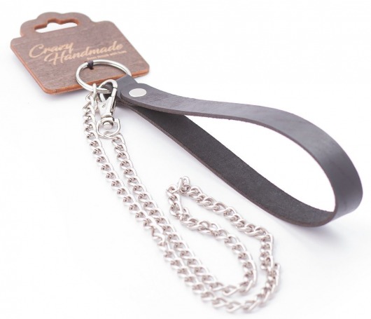 Серебристый металлический поводок с кожаной черной ручкой - 80 см. - Crazy Handmade - купить с доставкой в Новокуйбышевске