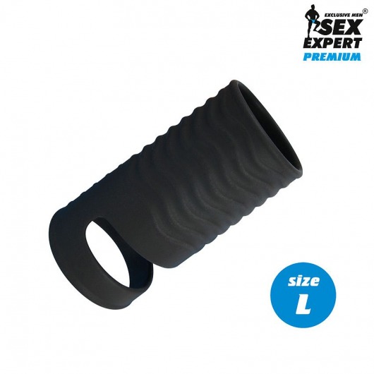 Черная открытая насадка на пенис с кольцом для мошонки L-size - 8,5 см. - Sex Expert - в Новокуйбышевске купить с доставкой